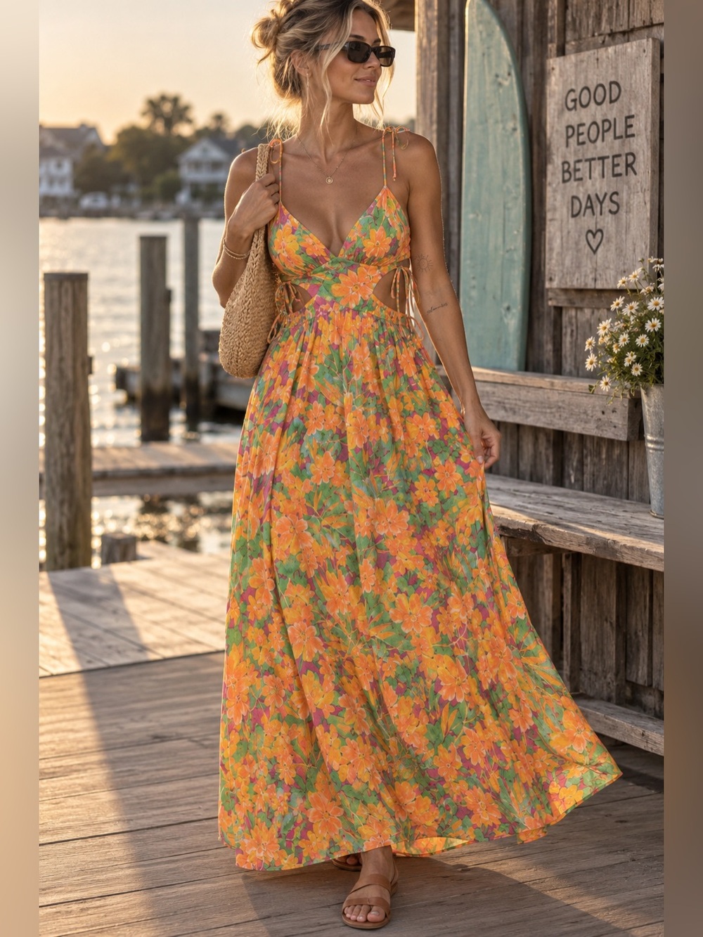Lost + Wander Floral Cutout Dress Size Small Orange Green Tropical Boho